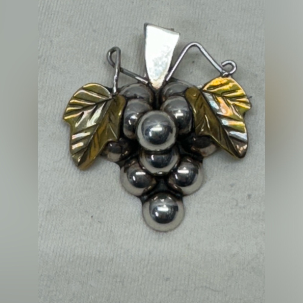 Vintage Taxco Mexico TS-465 Sterling Silver & Brass Grape Brooch Pin Pendant